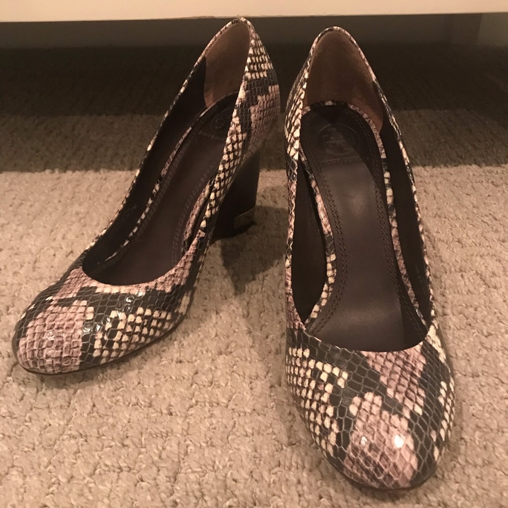 Tory Burch snake print wedge heels. Never worn